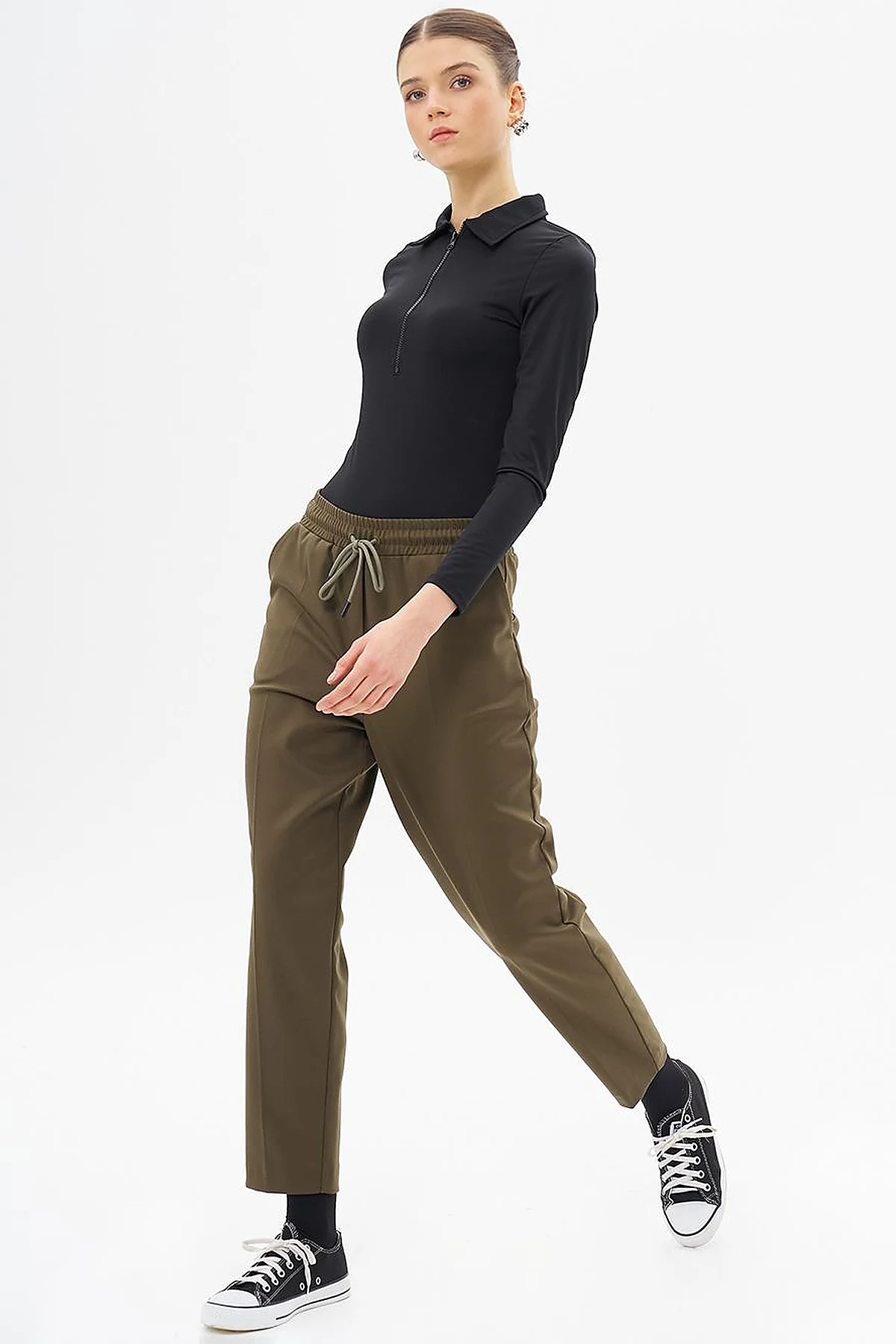 Elasticated Pipe-Leg Pants Khaki