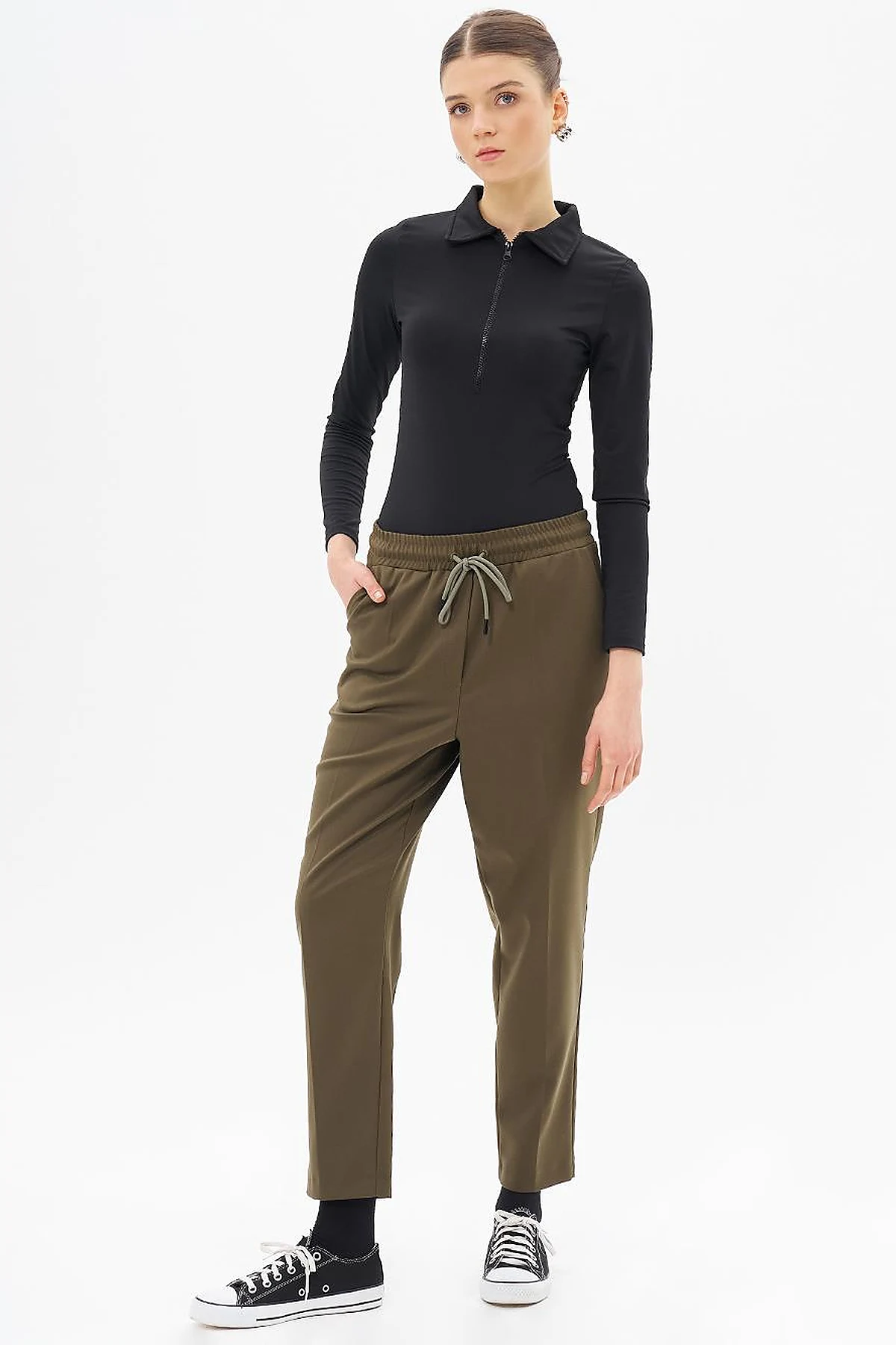 Elasticated Pipe-Leg Pants Khaki