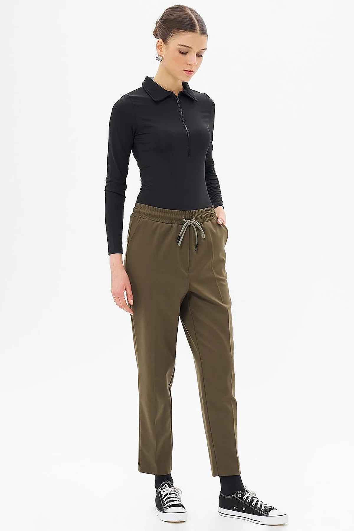 Elasticated Pipe-Leg Pants Khaki