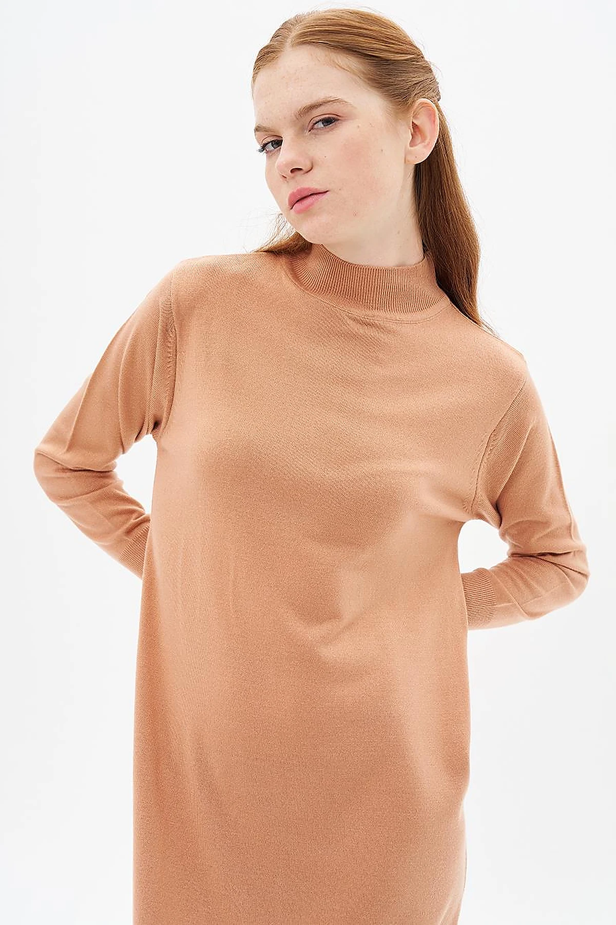 Half Turtleneck Knit Dress Salmon