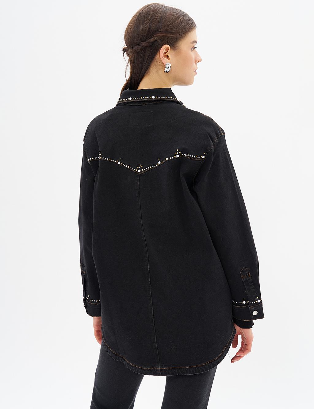 İşlemeli Denim Ceket Siyah
