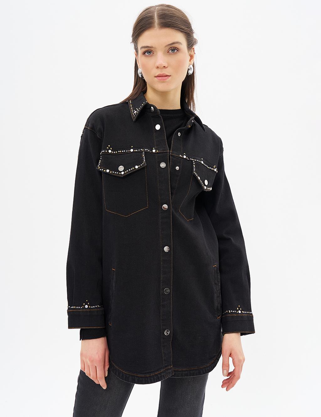 İşlemeli Denim Ceket Siyah