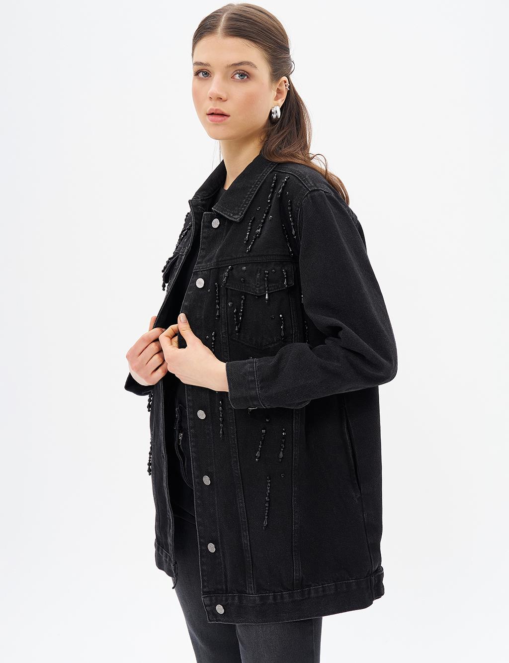 Boncuk İşlemeli Denim Ceket Siyah