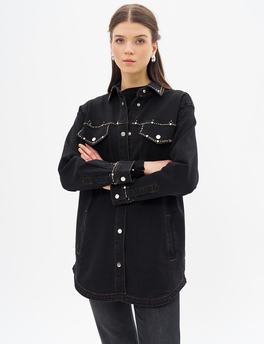 İşlemeli Denim Ceket Siyah