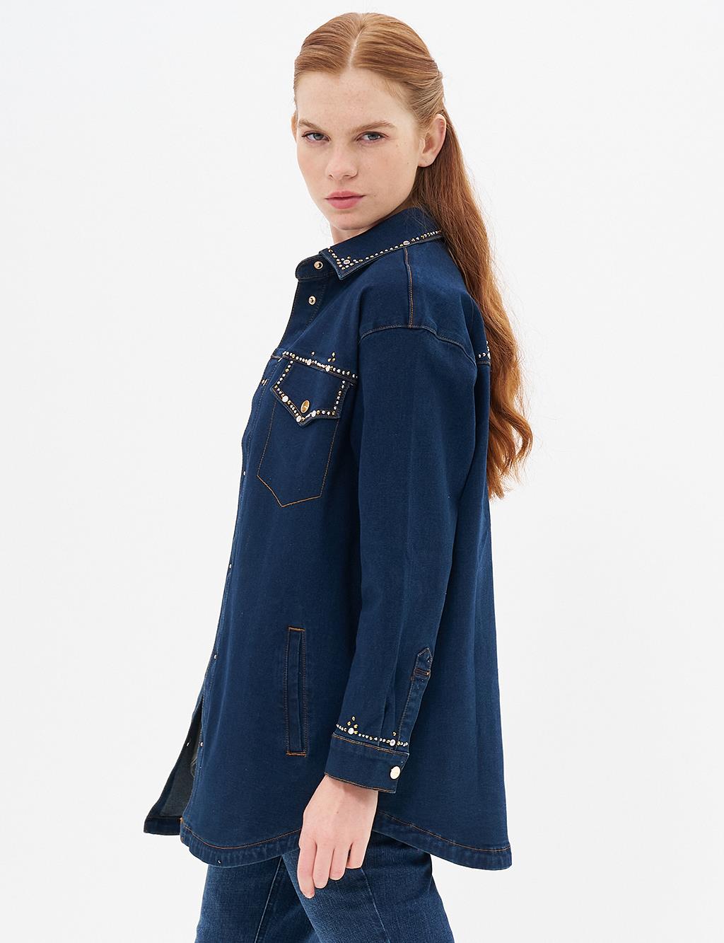 İşlemeli Denim Ceket Lacivert 