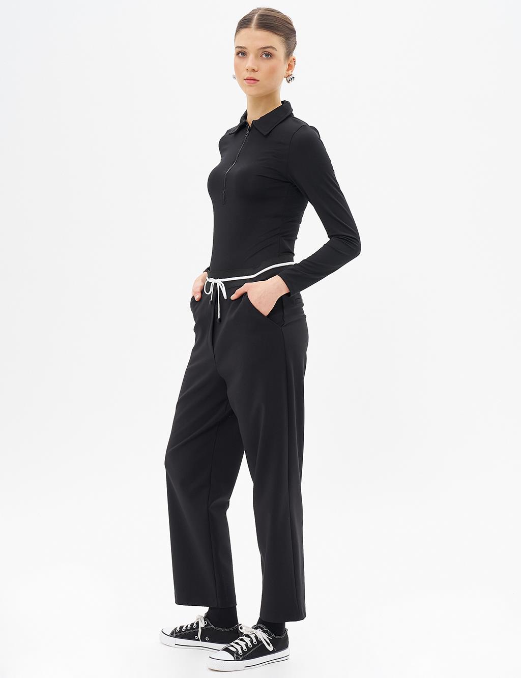 Elastic Waist Laced Pants Black