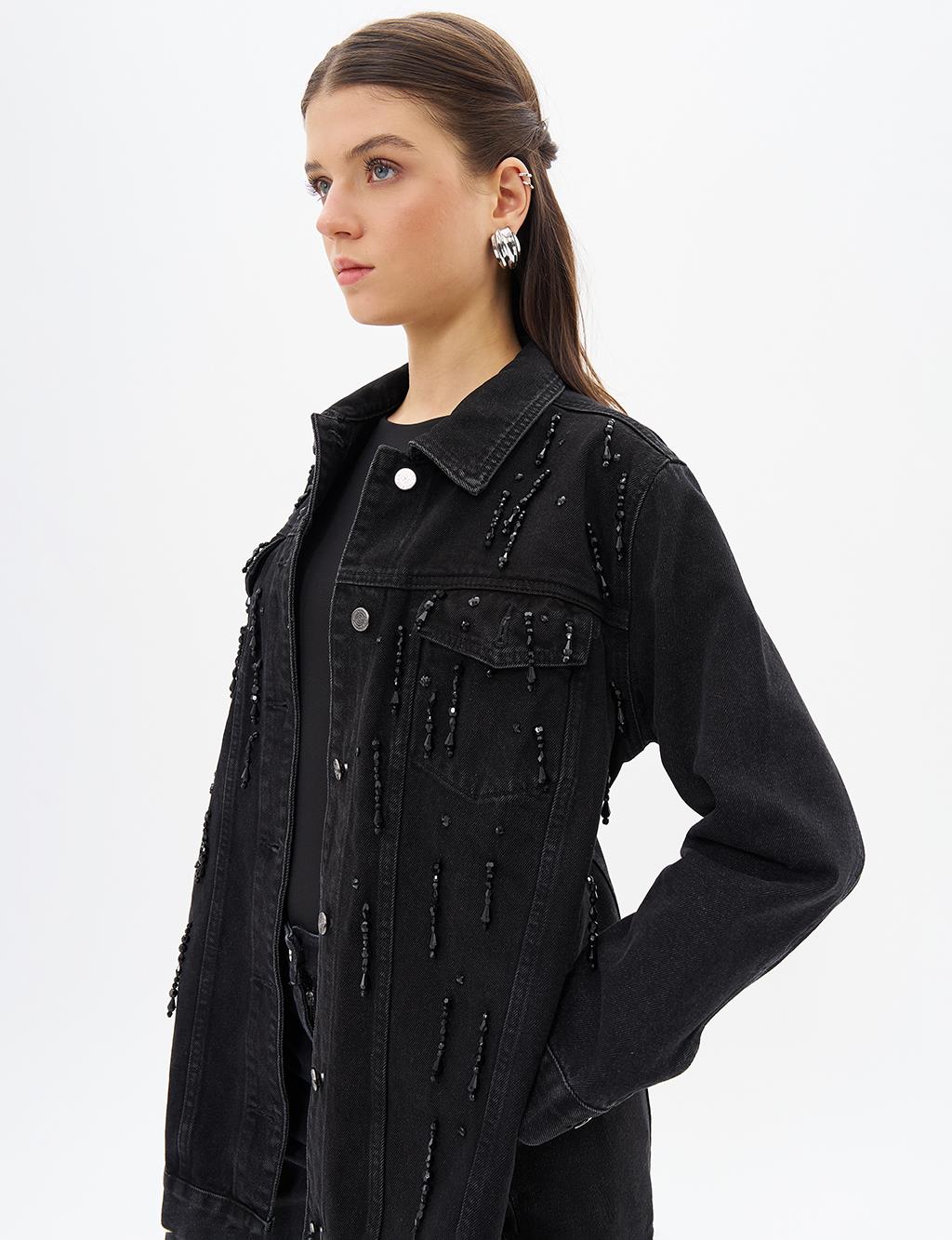 Boncuk İşlemeli Denim Ceket Siyah