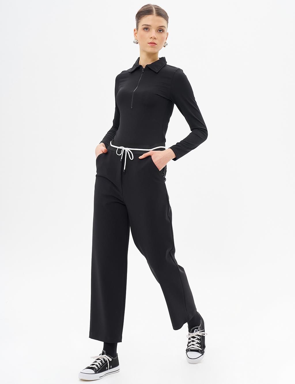 Elastic Waist Laced Pants Black