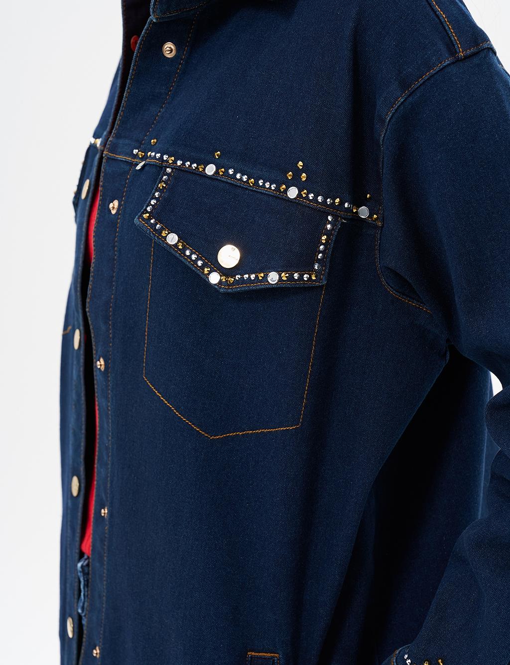İşlemeli Denim Ceket Lacivert 