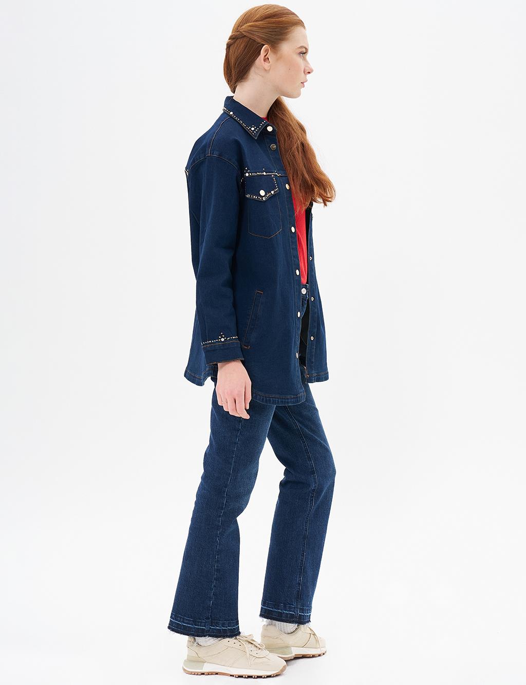 İşlemeli Denim Ceket Lacivert 