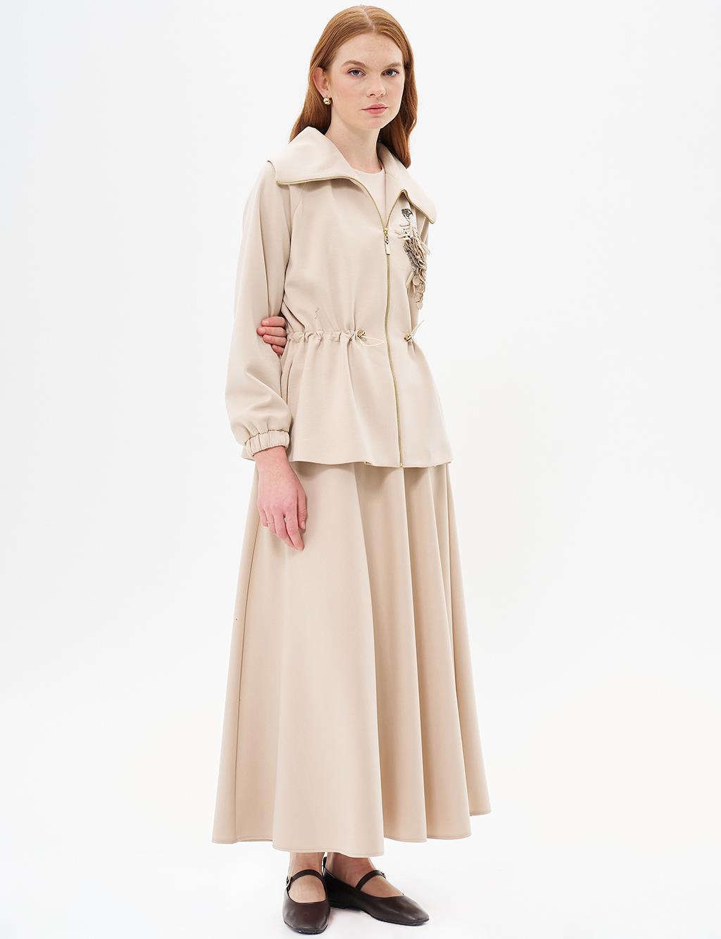Gathered Waist Skirt Jacket Set Light Beige