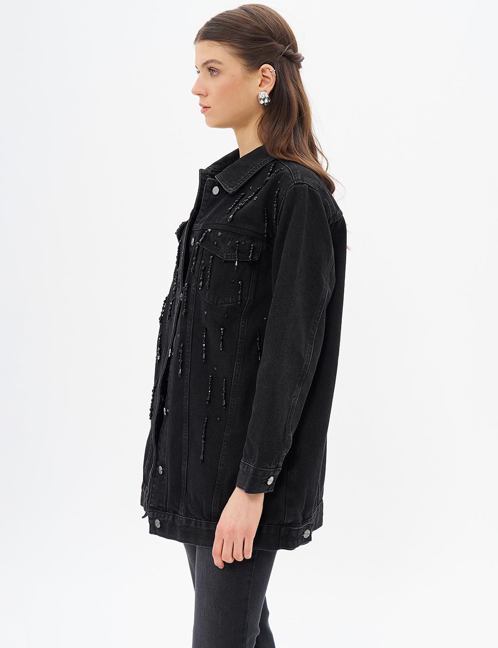 Boncuk İşlemeli Denim Ceket Siyah