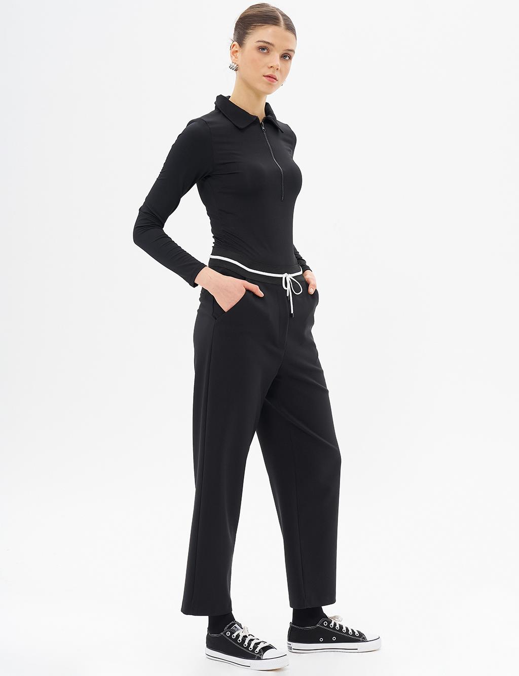 Elastic Waist Laced Pants Black