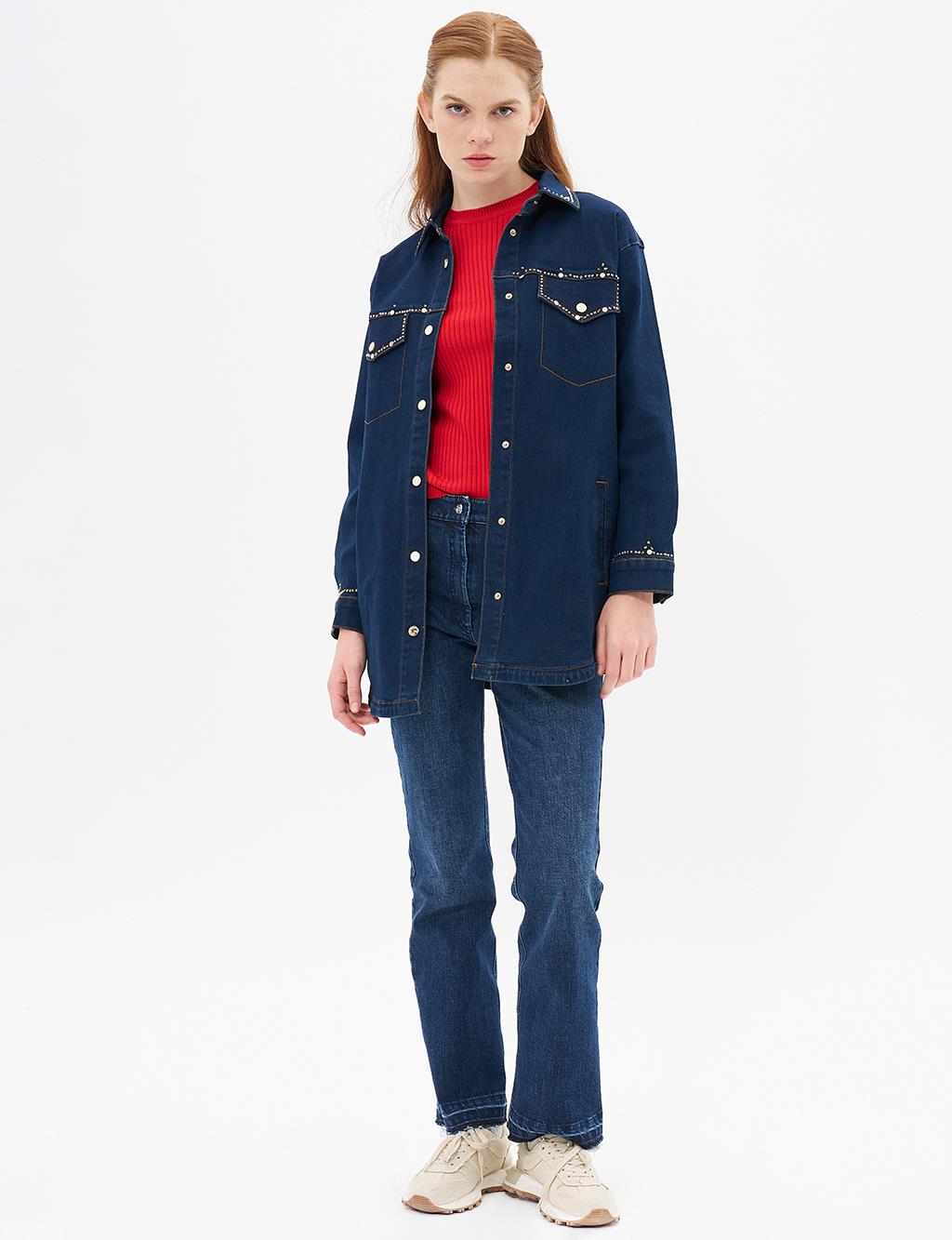 İşlemeli Denim Ceket Lacivert 