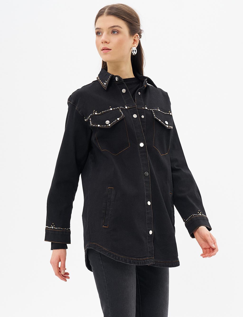 İşlemeli Denim Ceket Siyah