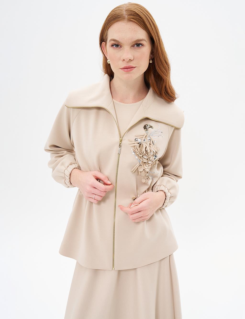 Gathered Waist Skirt Jacket Set Light Beige