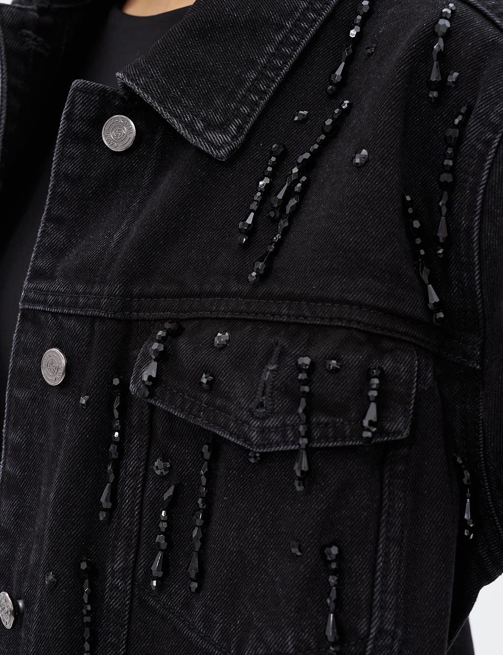 Boncuk İşlemeli Denim Ceket Siyah