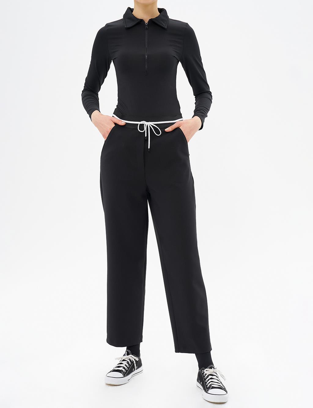 Elastic Waist Laced Pants Black