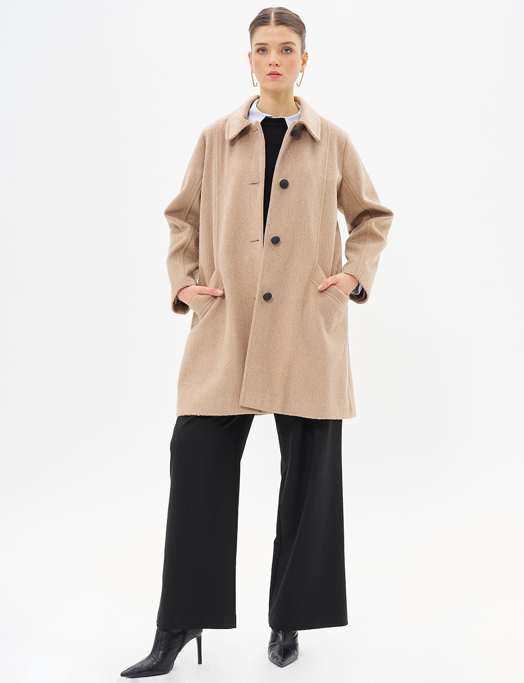 Cloak Collar Cashmere Coat Beige