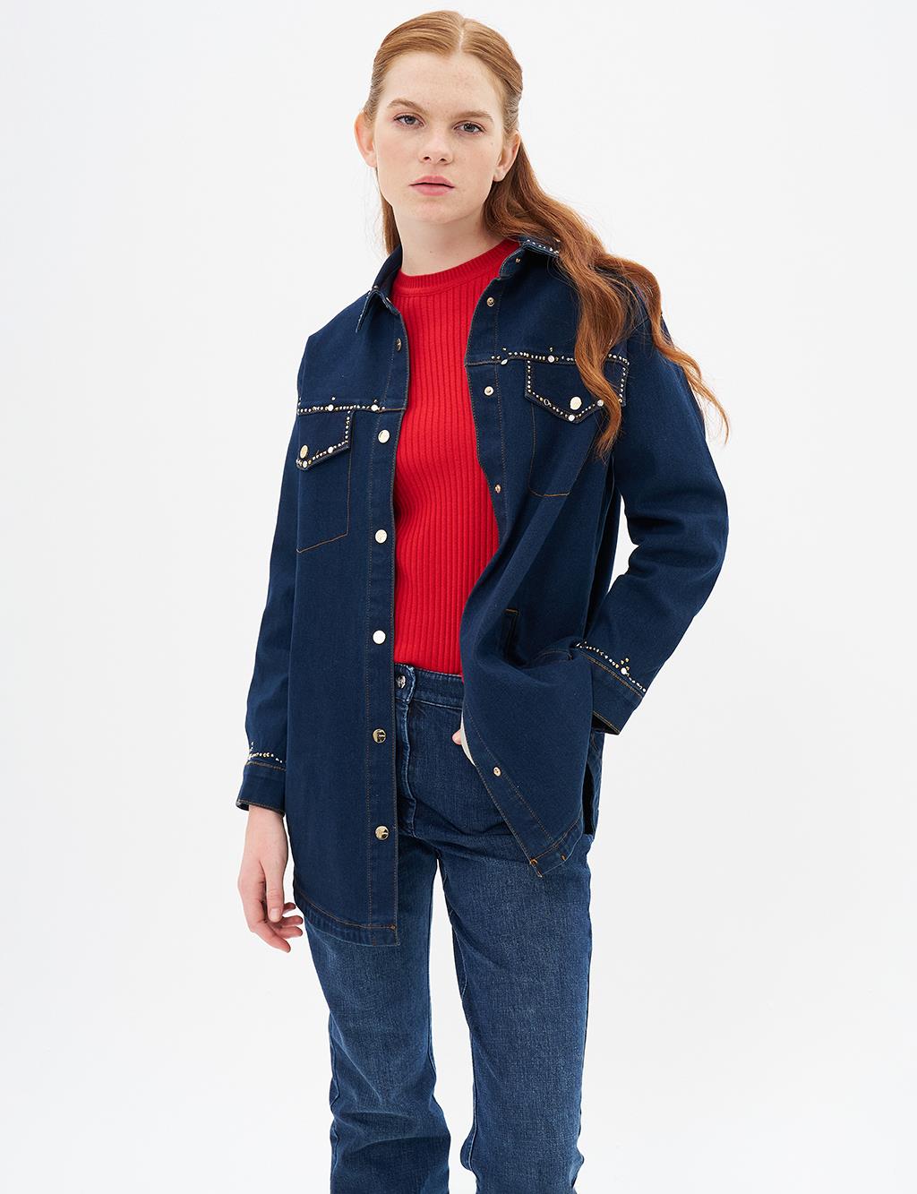 İşlemeli Denim Ceket Lacivert 