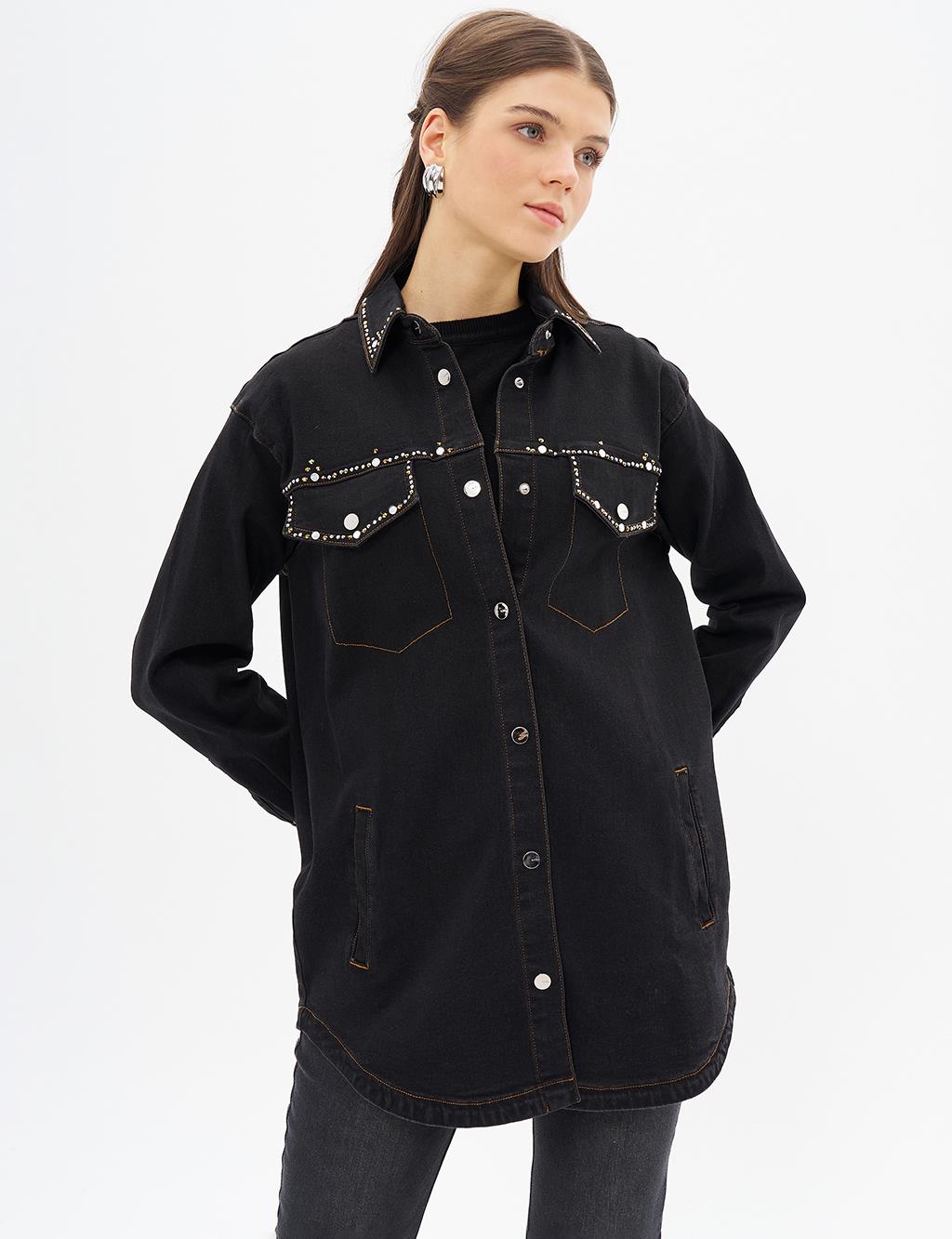 İşlemeli Denim Ceket Siyah