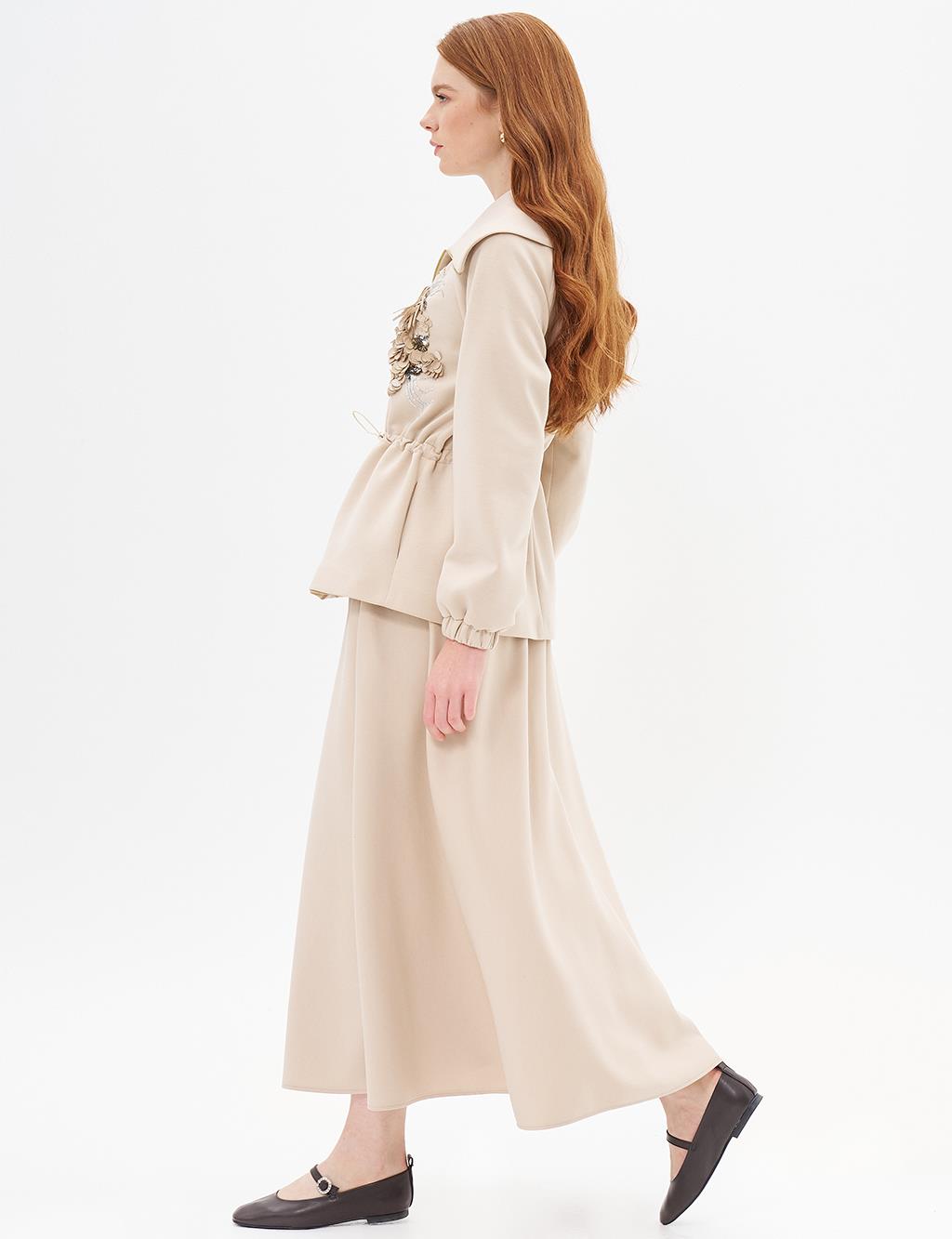 Gathered Waist Skirt Jacket Set Light Beige