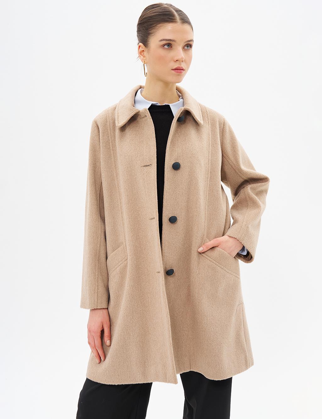 Cloak Collar Cashmere Coat Beige