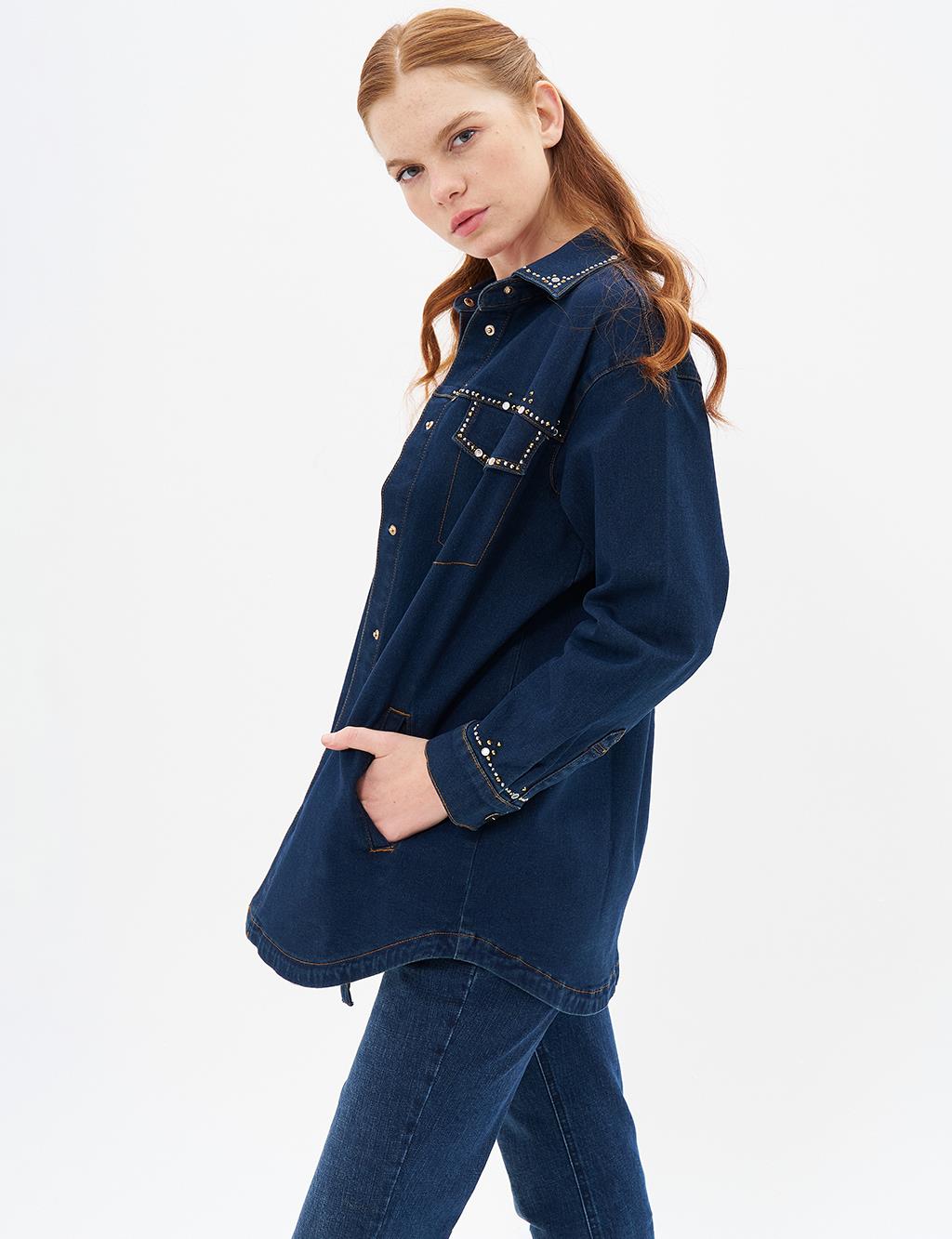 İşlemeli Denim Ceket Lacivert 