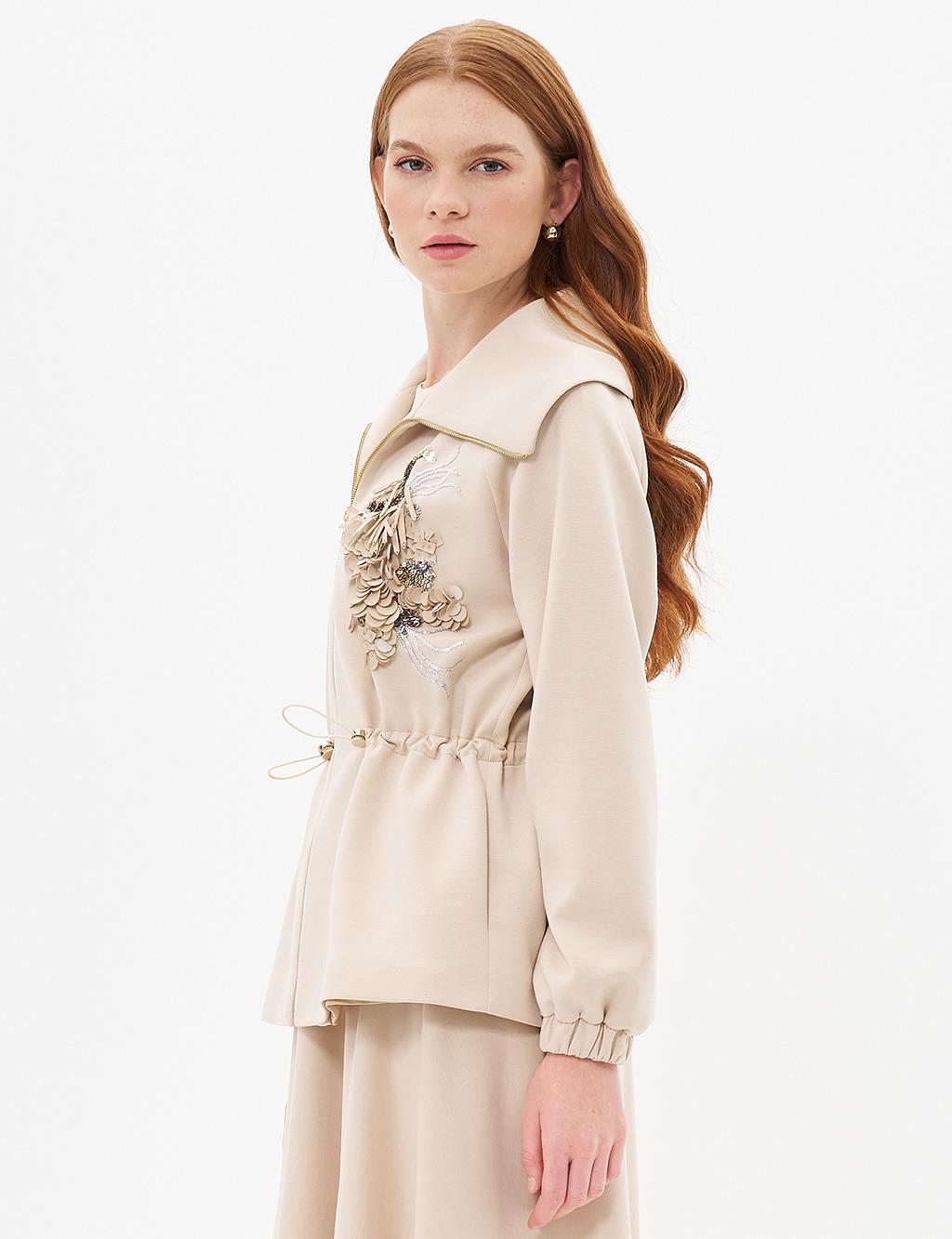 Gathered Waist Skirt Jacket Set Light Beige