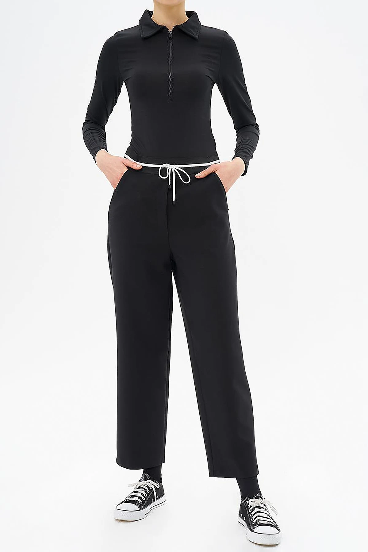 Elastic Waist Laced Pants Black