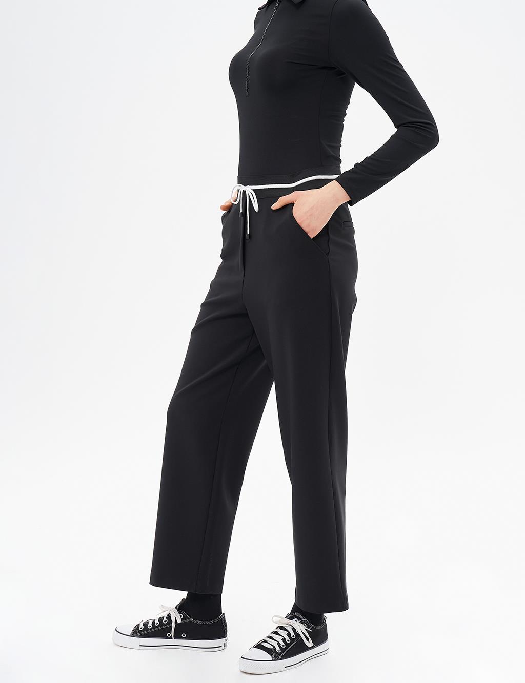 Elastic Waist Laced Pants Black