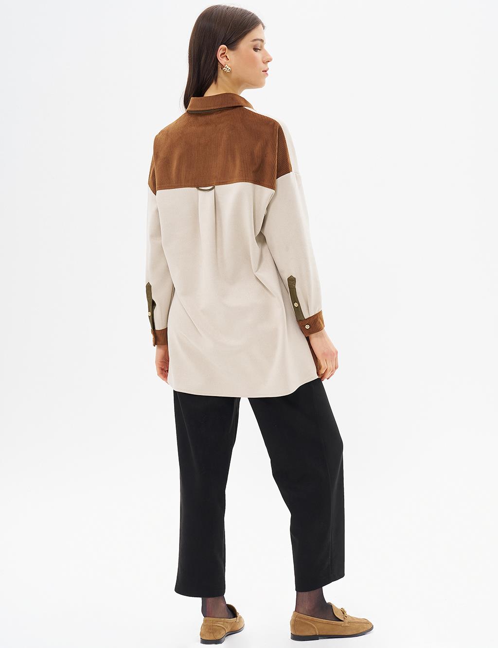 Tek Cepli Kadife Tunik Camel