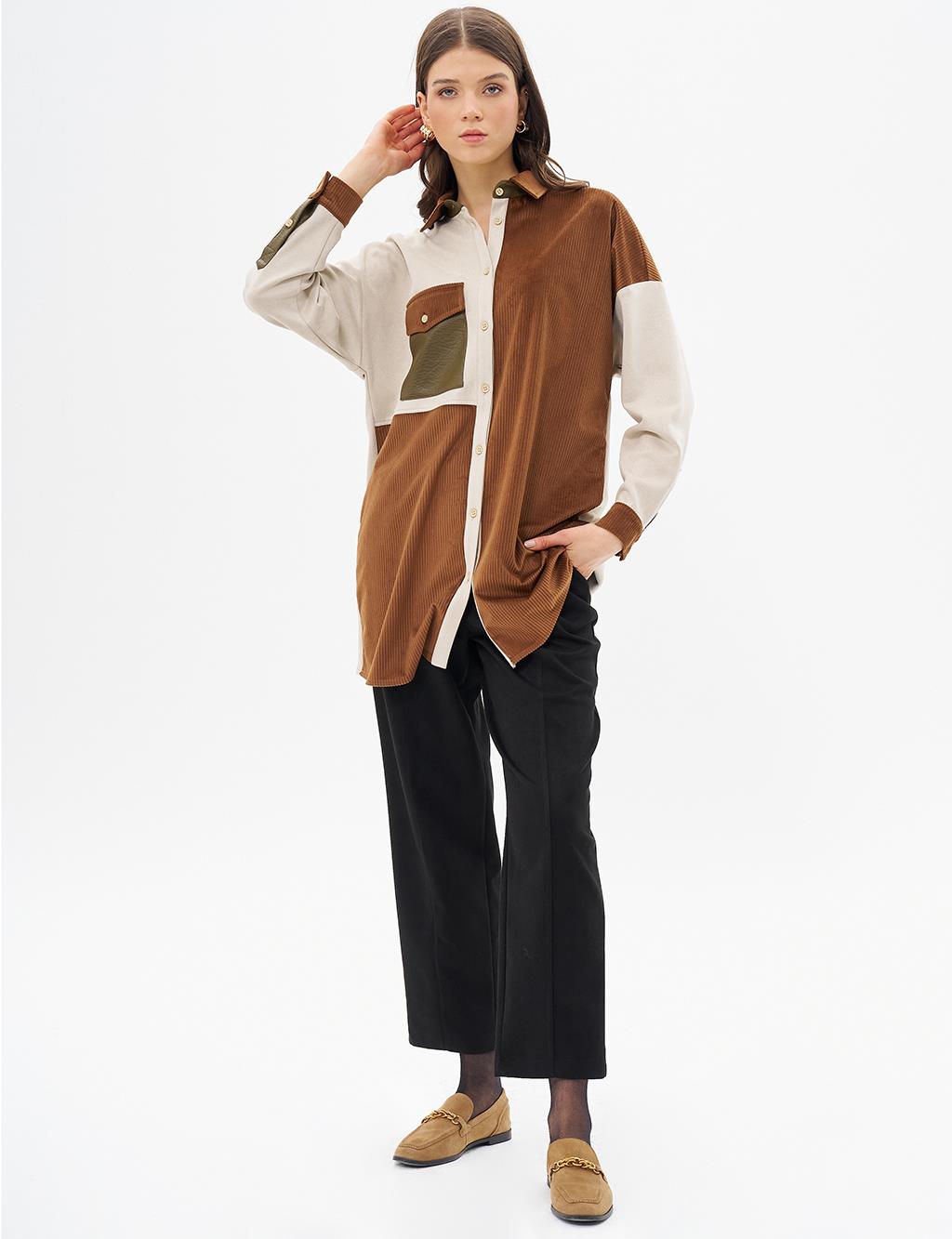 Tek Cepli Kadife Tunik Camel