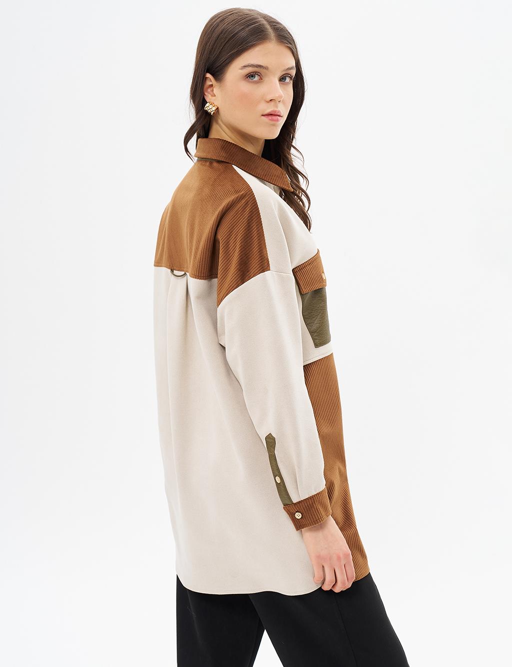 Tek Cepli Kadife Tunik Camel
