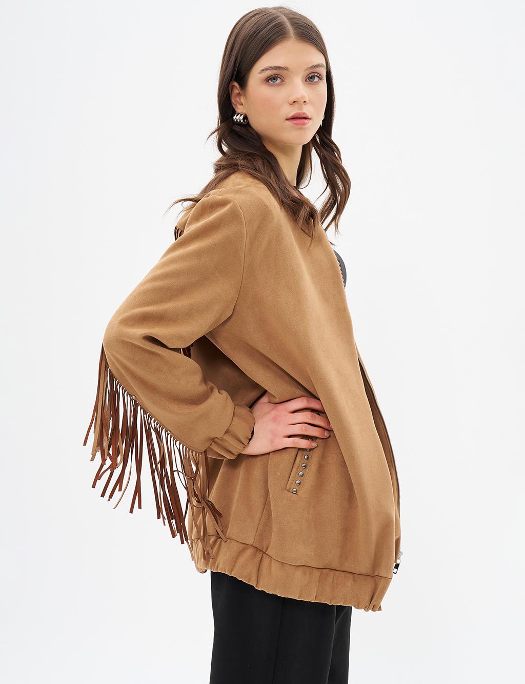 Sırtı Püskül Detaylı Süet Ceket Camel