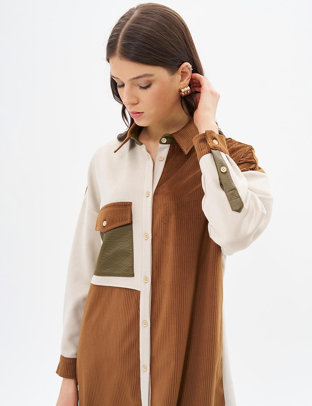 Tek Cepli Kadife Tunik Camel