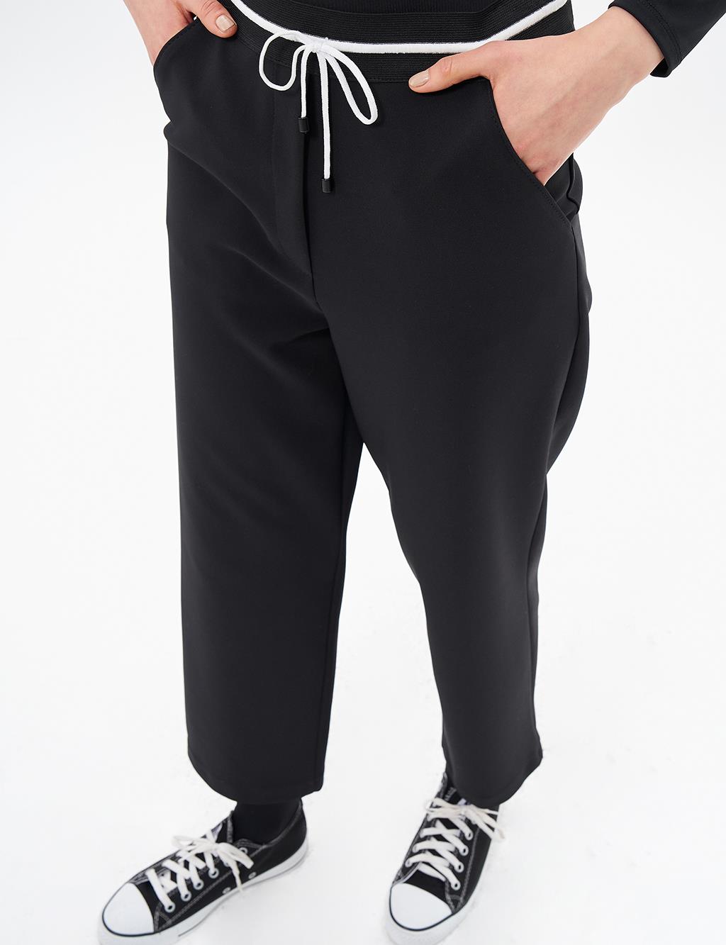 Elastic Waist Laced Pants Black