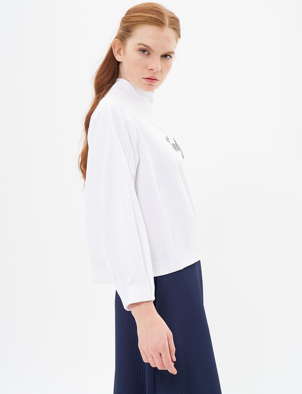 Payet İşlemeli Crop Optik Beyaz 