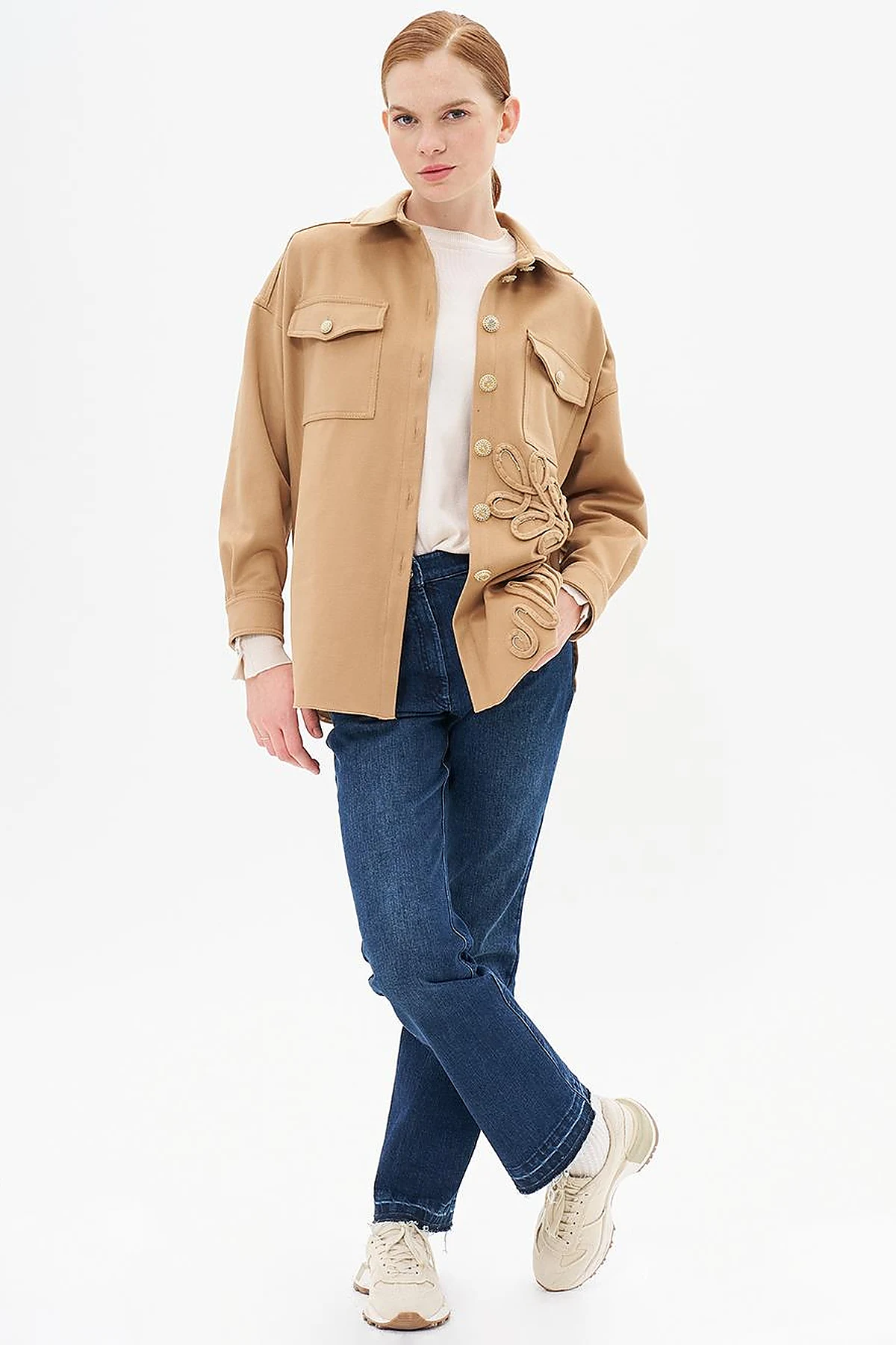 Gold Button Detailed Cashmere Jacket Camel