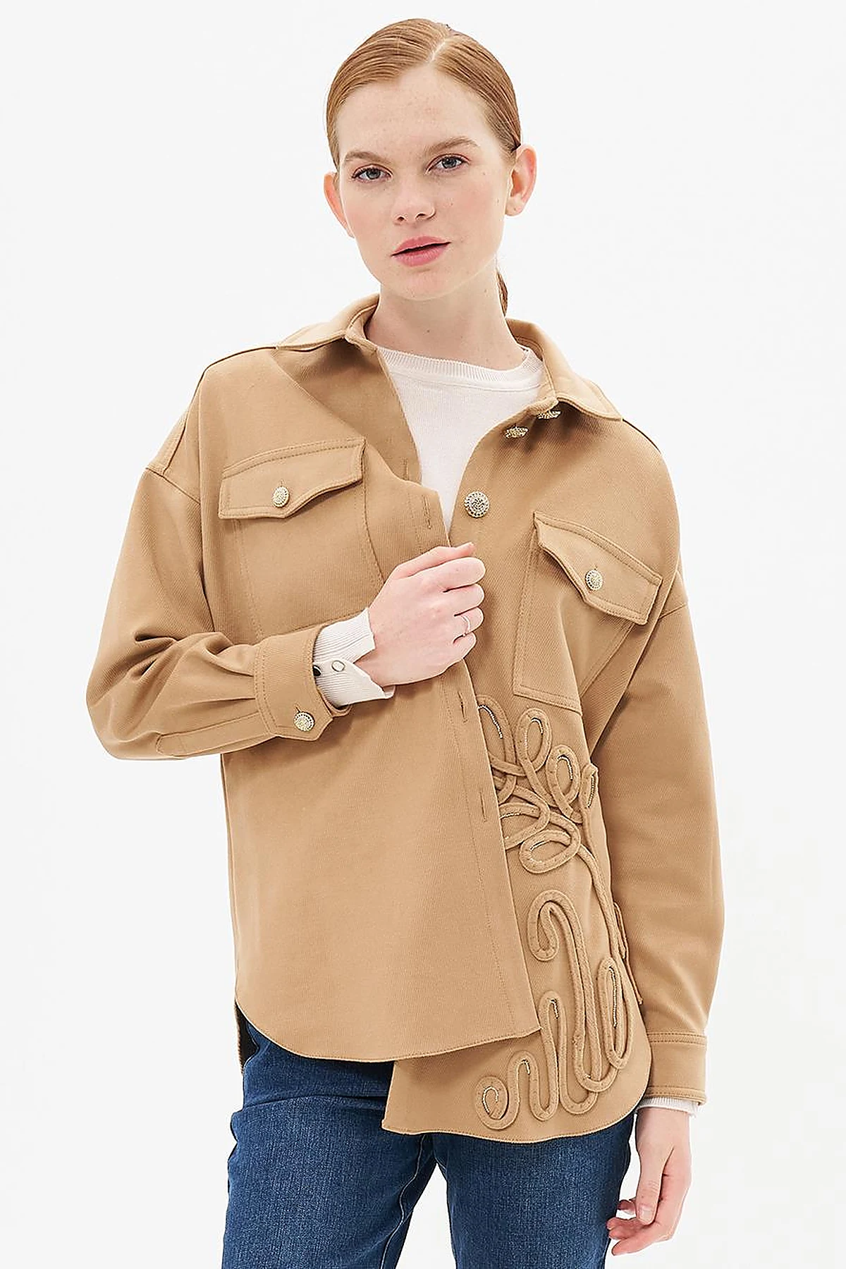 Gold Button Detailed Cashmere Jacket Camel