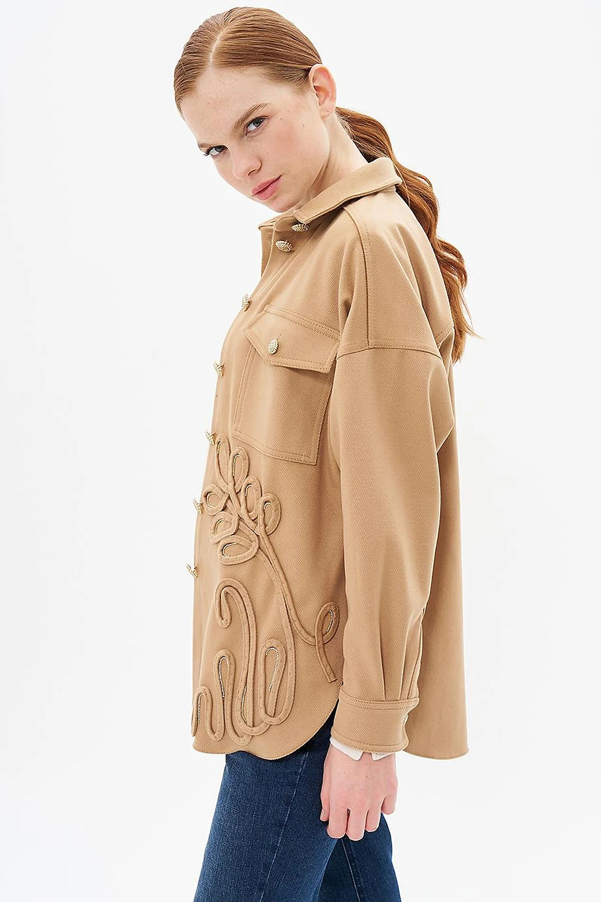 Gold Button Detailed Cashmere Jacket Camel