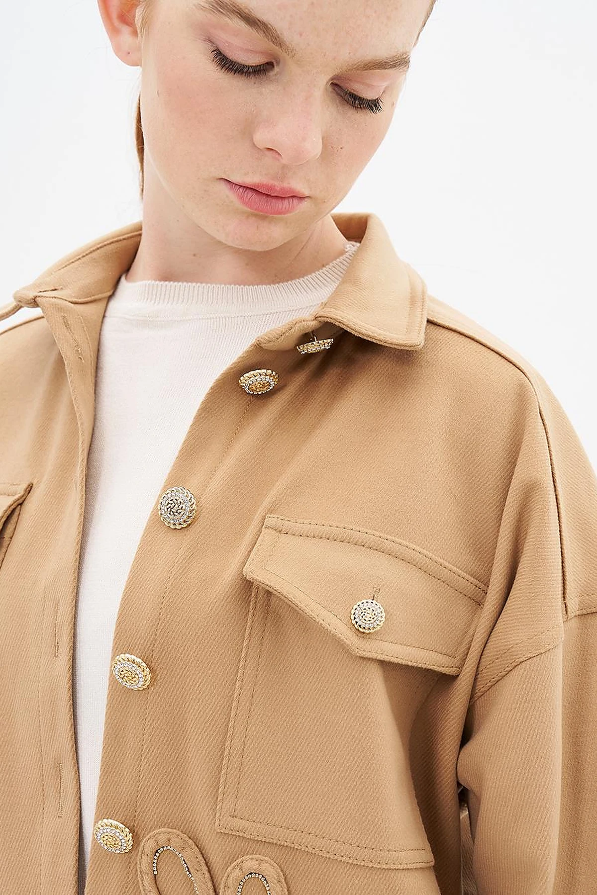 Gold Button Detailed Cashmere Jacket Camel
