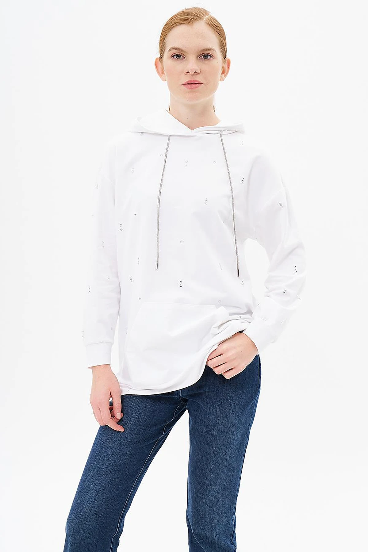 Hotfix Printed Hooded 2 Thread Sweatshirt Optic White