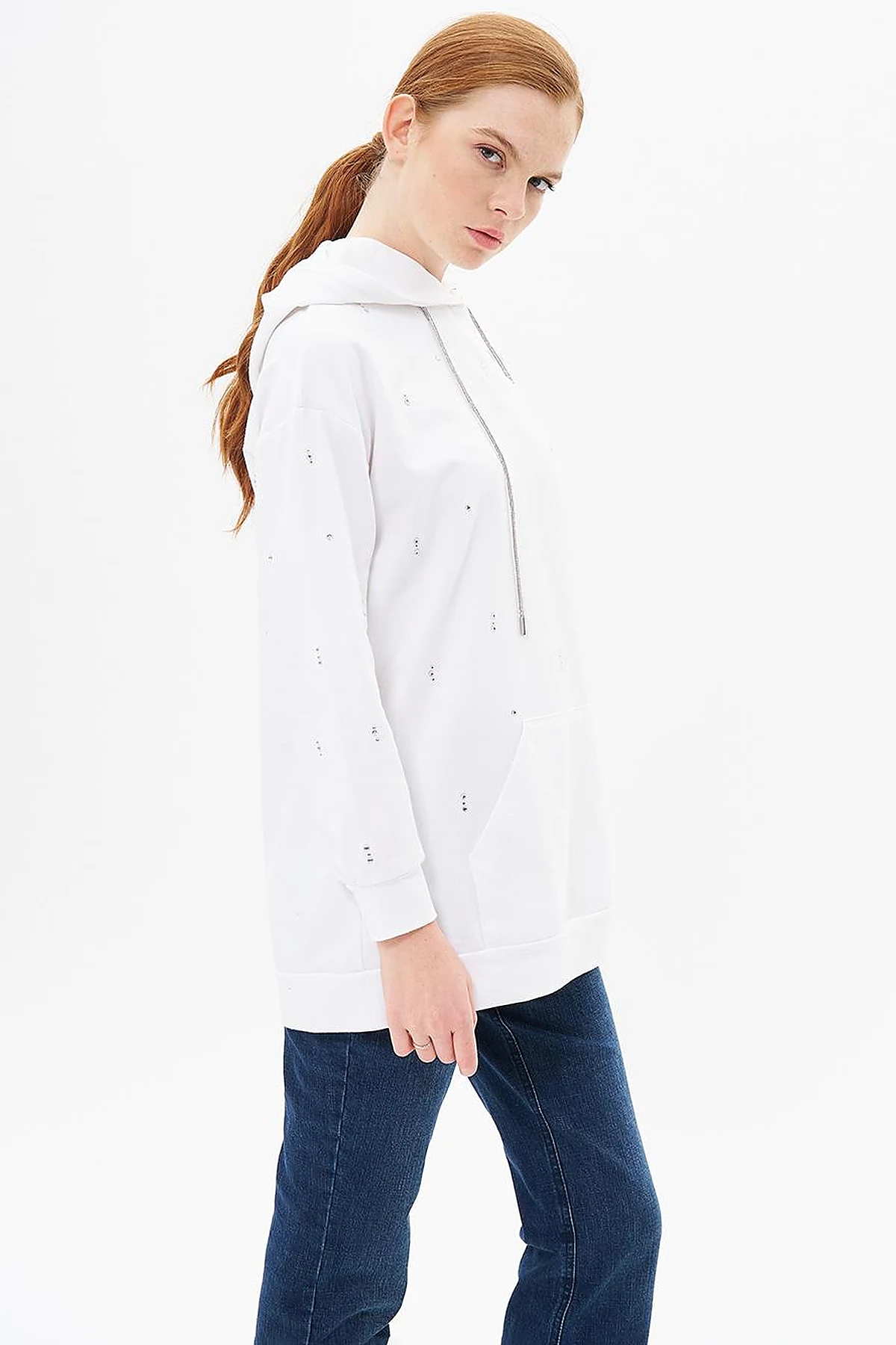 Hotfix Printed Hooded 2 Thread Sweatshirt Optic White