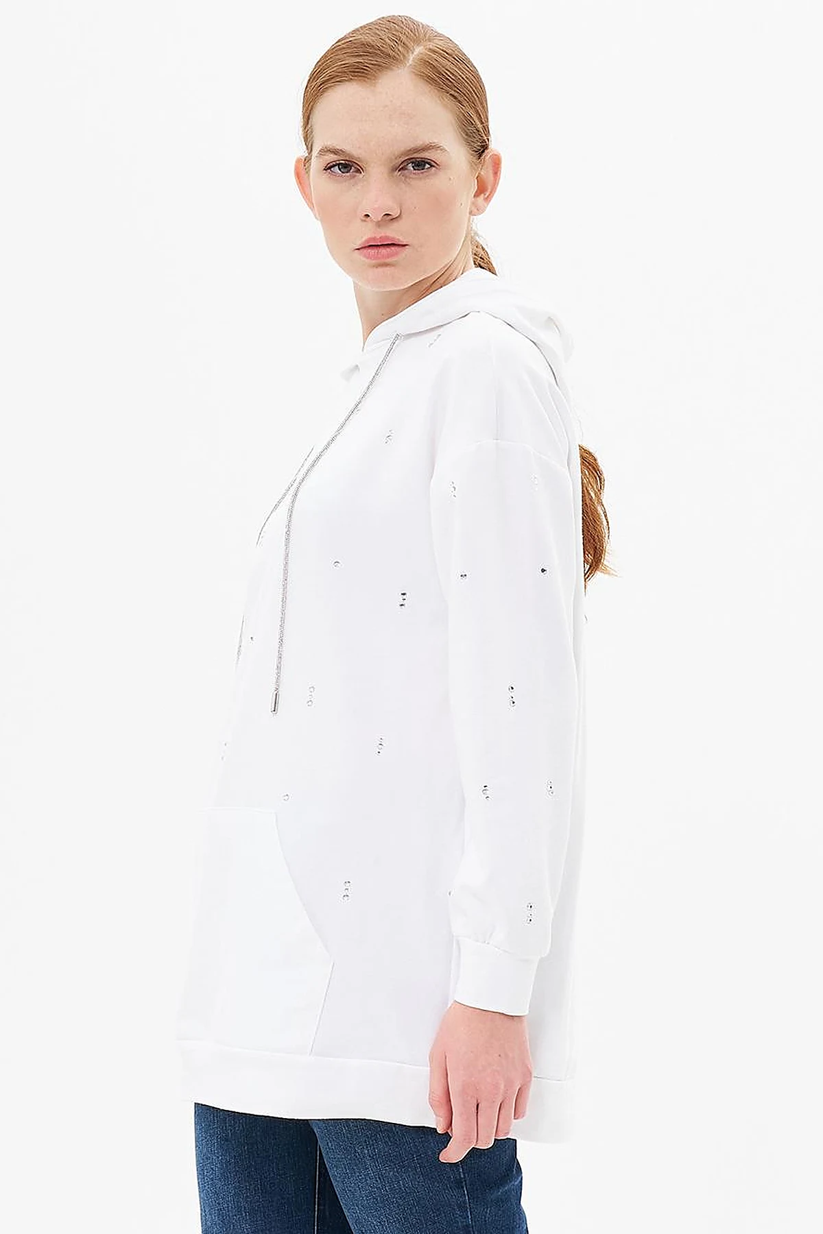 Hotfix Printed Hooded 2 Thread Sweatshirt Optic White