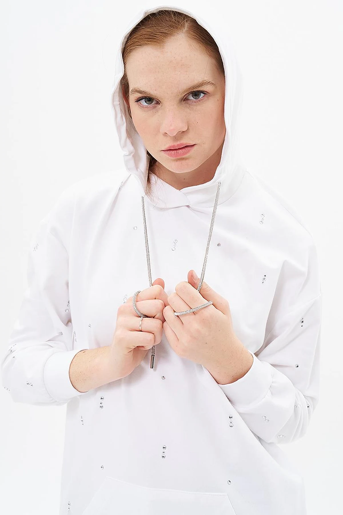 Hotfix Printed Hooded 2 Thread Sweatshirt Optic White