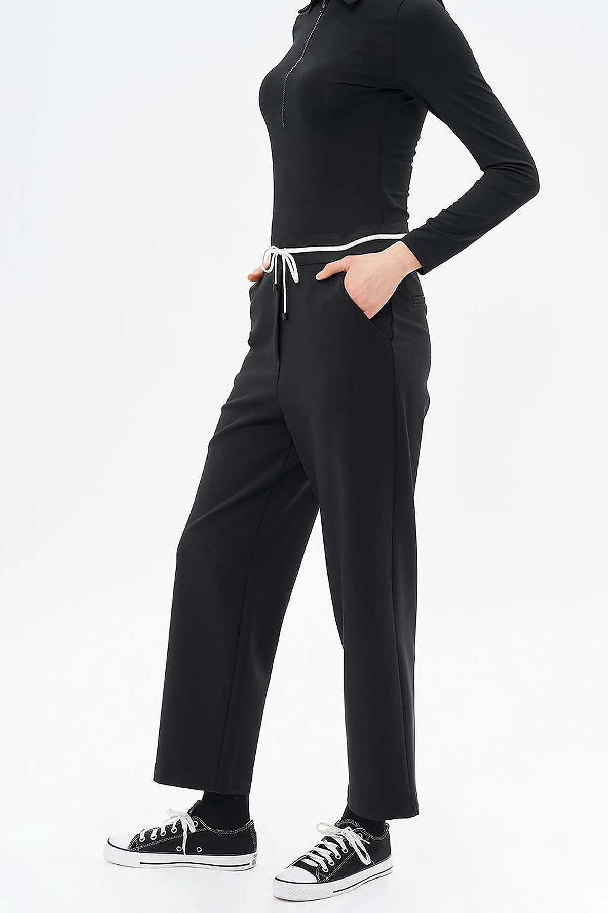 Elastic Waist Laced Pants Black