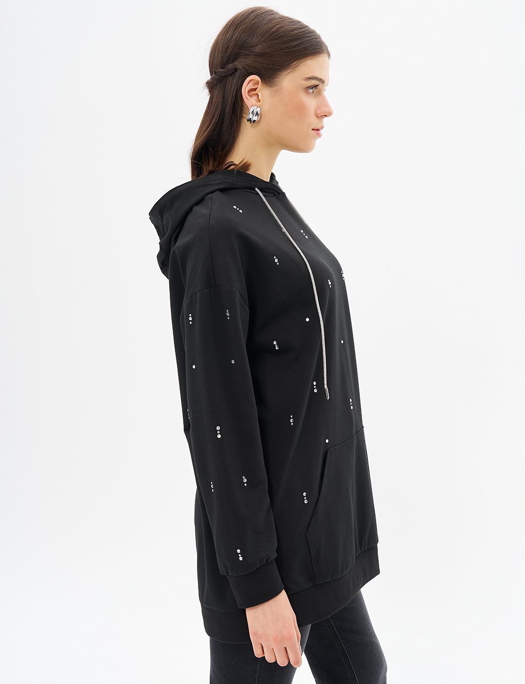 Black Hooded Sweatshirt with Hotfix Print and Two Threads