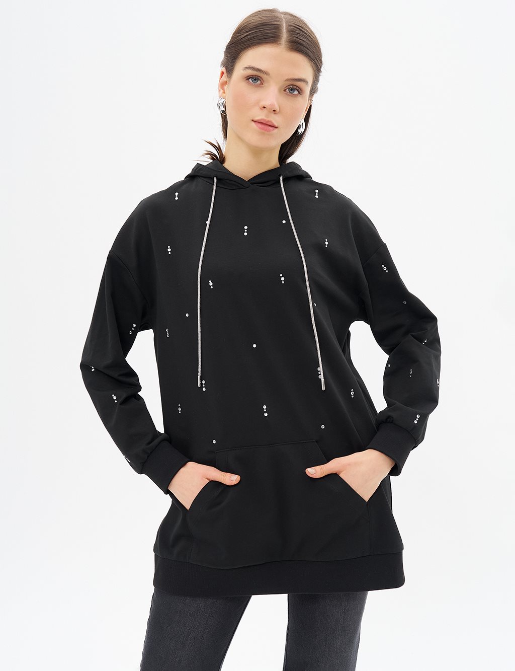 Black Hooded Sweatshirt with Hotfix Print and Two Threads