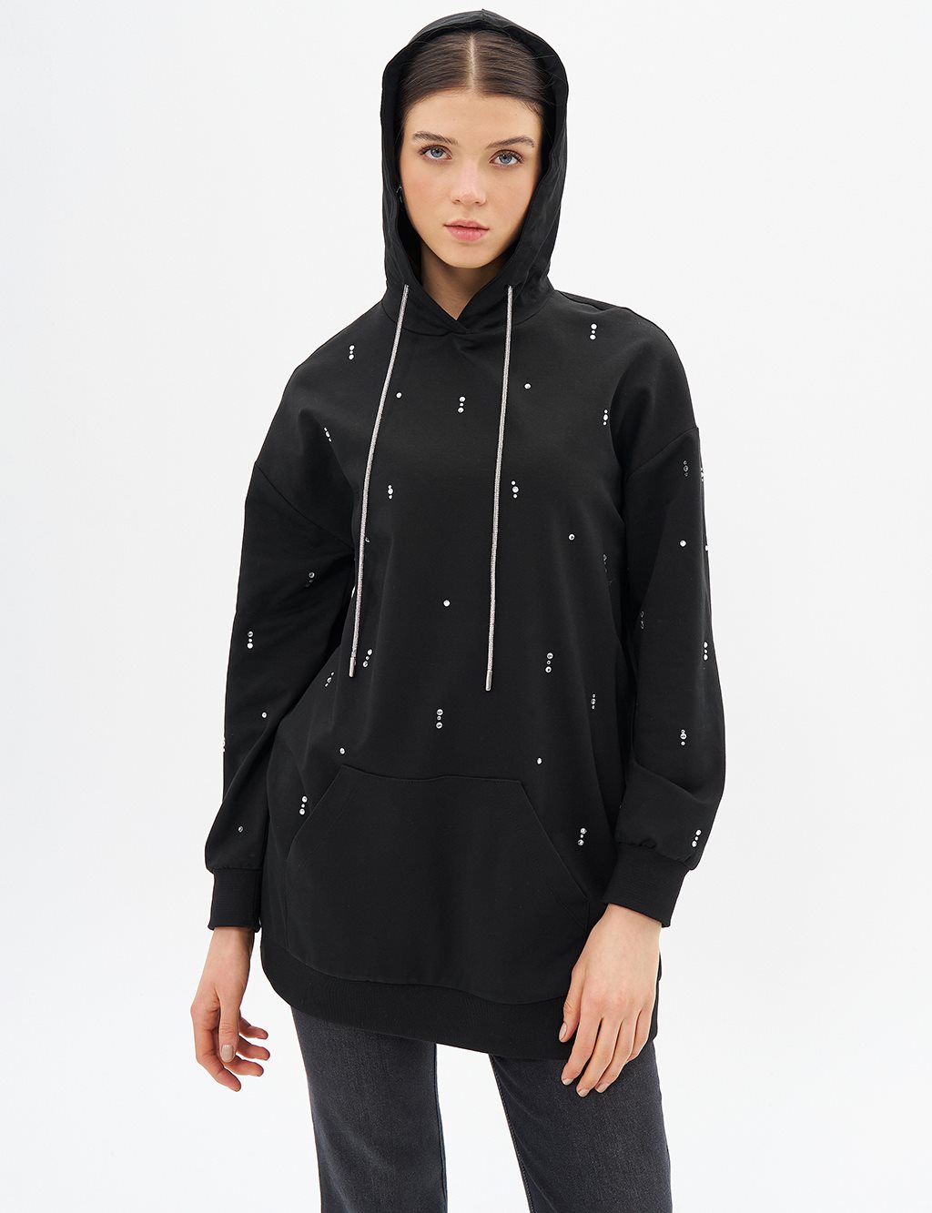 Black Hooded Sweatshirt with Hotfix Print and Two Threads